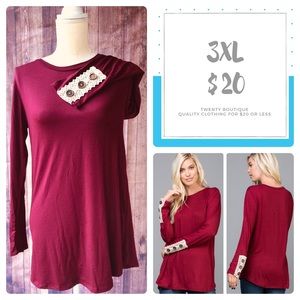 NWT 3XL Boutique Burgundy Lace Button Detail Top